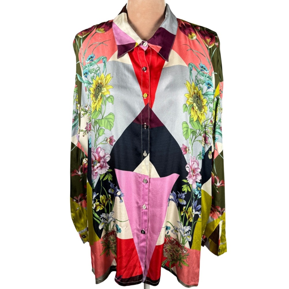 Johnny Was Silk‎ Button Down Shirt Womens Small Multicolor Geometric Floral Flaw